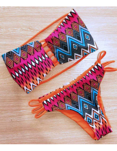 Costum de baie cu doua fete, imprimeu tribal geometric / portocaliu