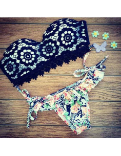 Costum de baie BOHO cu dantela si slip cu fustita floral 2