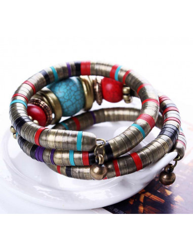 Bratara africana tip spirala, din inele metalice si margele multicolore