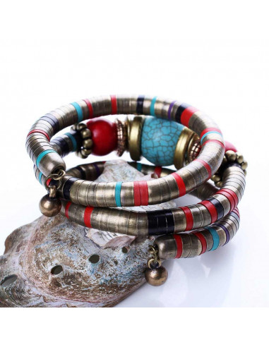 Bratara africana tip spirala, din inele metalice si margele multicolore