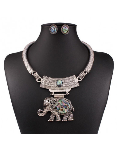 Set colier si cercei vintage model indian cu elefant si medalioane multicolore