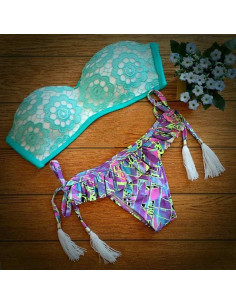 Costum de baie BOHO cu dantela si slip cu fustita floral 2