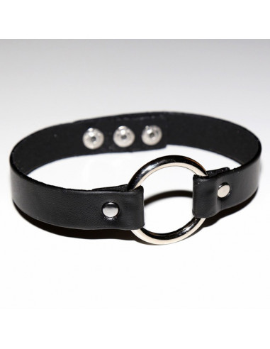Colier choker din piele ecologica, cu inel mare argintiu