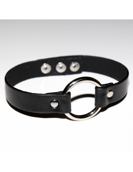 Colier choker din piele ecologica, cu inel mare argintiu