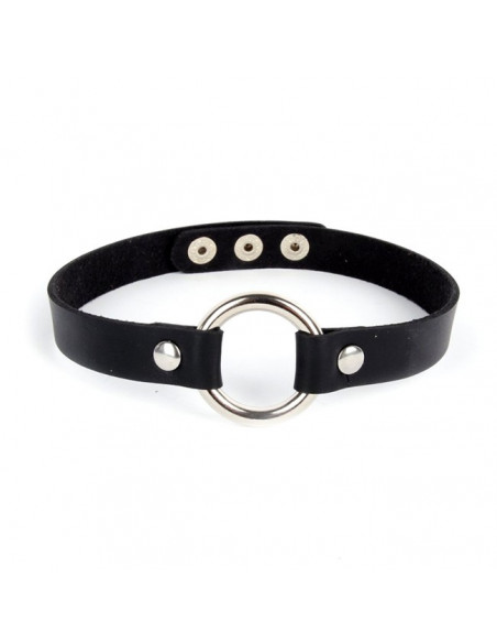 Colier choker din piele ecologica, cu inel mare argintiu