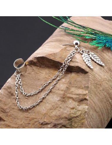 Cercel tip ear cuff, doua frunze cu lantisoare si biluta