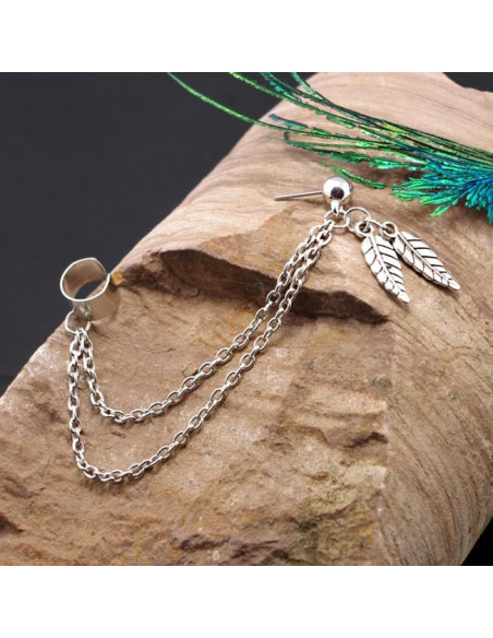 Cercel tip ear cuff, doua frunze cu lantisoare si biluta
