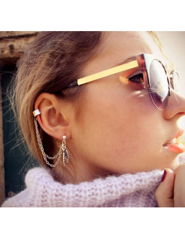 Cercel tip ear cuff, doua frunze cu lantisoare si biluta