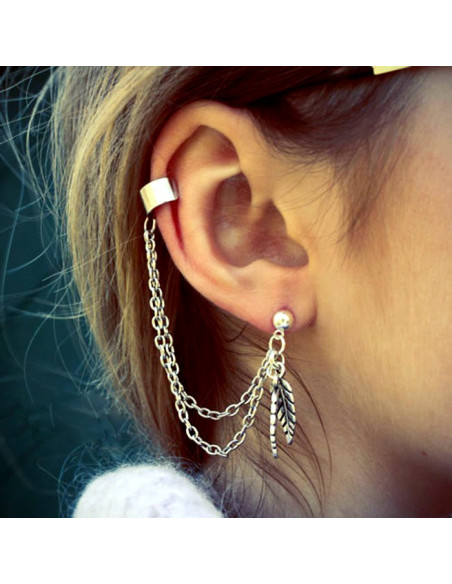 Cercel tip ear cuff, doua frunze cu lantisoare si biluta