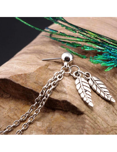 Cercel tip ear cuff, doua frunze cu lantisoare si biluta